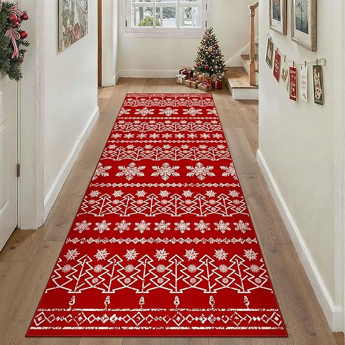Christmas Runner Rug 3x10 Red Washable Carpet Xmas Snowflake Holiday Decor Kitchen Non Slip Soft Low Pile Long Carpet Indoor Throw Rug Laundry Room Living Room Bedroom Dining Room