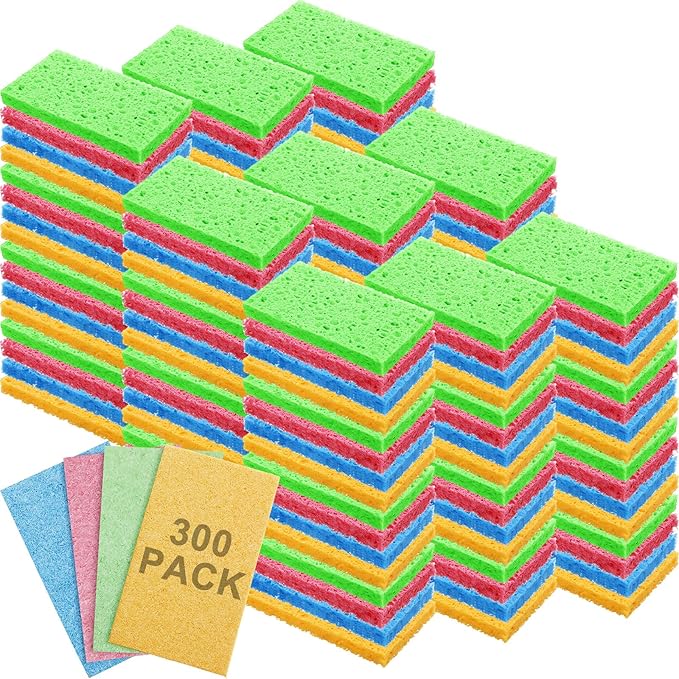 Zhengmy 300 Pieces Sponges Kitchen Compressed Sponges Bulk Natural Dish Sponge Compressed Wood Pulp Cleaning Sponge Without Scratching for Kitchen Bathroom, 3.9 x 2.4 x 0.12 Inch (Multicolor)