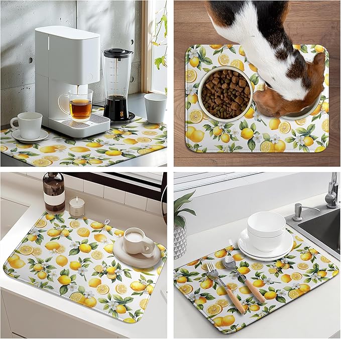Lemon Dish Drying Mat Spring Summer Kitchen Dish Drying Pad Absorbent Drying Mat for Countertops Dish Dryer Mat Microfiber Dishes Drainer Pad Dish Drying Rack Mat (18x24 in)
