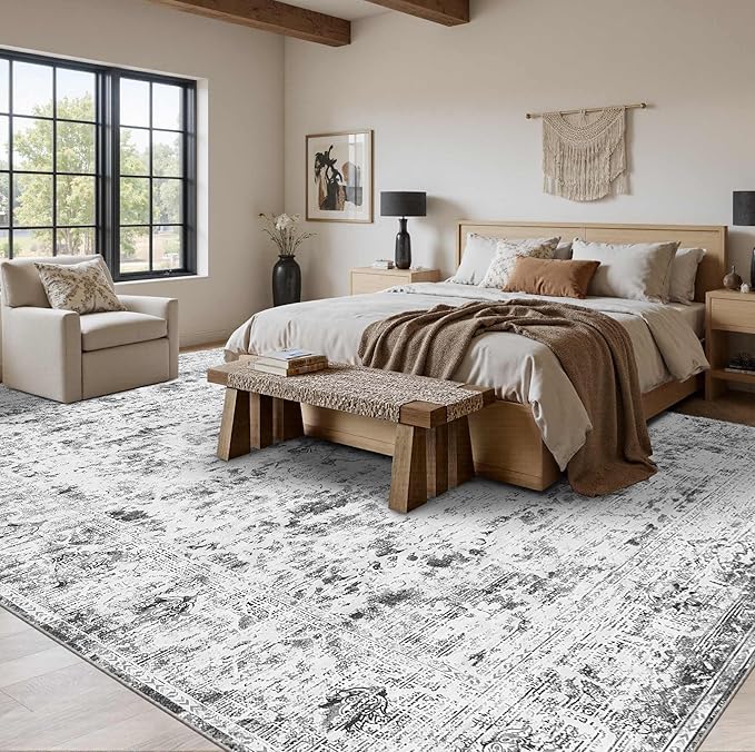 8x10 Large Area Rugs for Living Room, Vintage Grey Rugs for Bedroom,Washable Boho Indoor Soft Non Slip Carpet for Dining Room, Low Pile Rugs for Office,Farmhouse