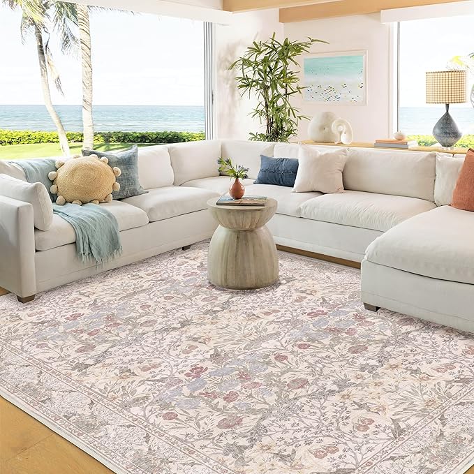 6x9 Floral Living Room Rug: Vintage Beige Washable Rug Floral Soft Carpet Indoor Floor Non-Slip Boho Stain Resistant Large Carpets for Bedroom Kids Nursery Dining Room Farmhouse Home Office