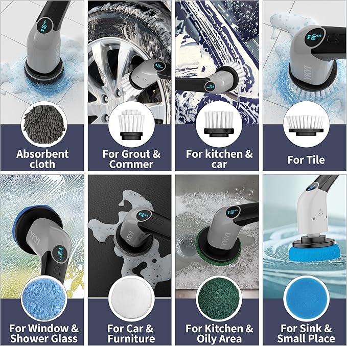 YKYI Electric Spin Scrubber-Cordless Power Scrubber with 8 Brush Heads, 3 Speeds & Adjustable Long Handle, IPX7 Waterproof Shower Cleaning Brush for Bathroom Tile, Bathtub, Grout, Kitchen(Off Grey)