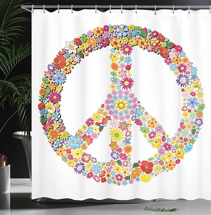 Ambesonne Groovy Shower Curtain, Floral Peace Sign Summer Spring Blooms Love Happiness Themed Illustration Print, Cloth Fabric Bathroom Decor Set with Hooks, 69" W x 75" L, White