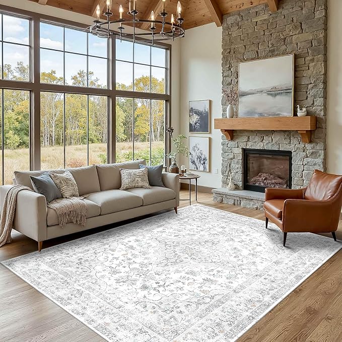 Area Rugs 5x7, Washable Grey Rugs for Living Room, Bedroom, Non Slip, Neutral Floral Vintage Indoor Rug for Farmhouse Nursery, Dining Room, Kid Room, Office, Dorm