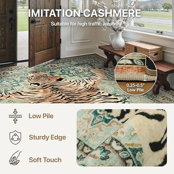 Bavni 3x5 Tiger Rug, Machine Washable Animal Print Low Pile Boho Woodland Jungle Carpet, Non-Slip Non-Shedding Pet Friendly Rug for Living Room Playroom Nursery Bedroom Entryway, Green