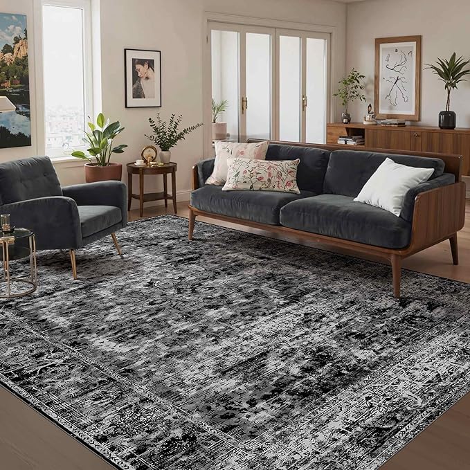 Area Rugs 5x7, Washable Black Rugs for Living Room, Bedroom, Vintage Boho Indoor Soft Carpet for Dining Room, Low Pile Rugs for Office, Farmhouse