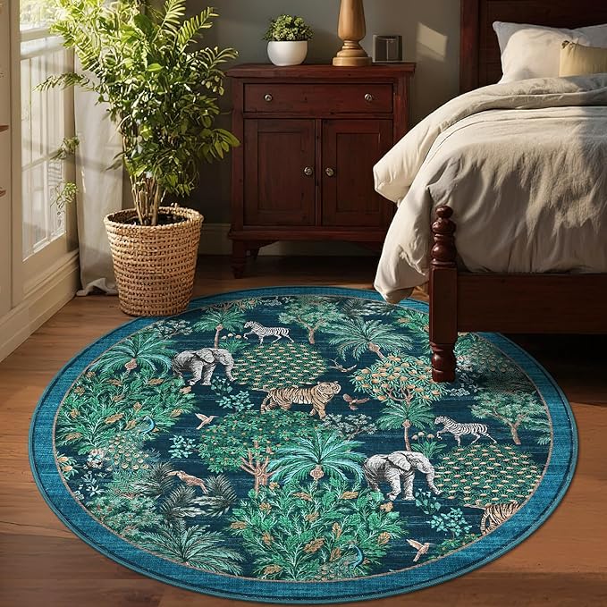 GarveeHome Jungle Round Washable Rugs 4ft Non-Slip Soft Round Rug for Kids Room, Forest Animal Print Tiger Circle Carpet for Bedroom Entryway Playroom Nursery, Blue