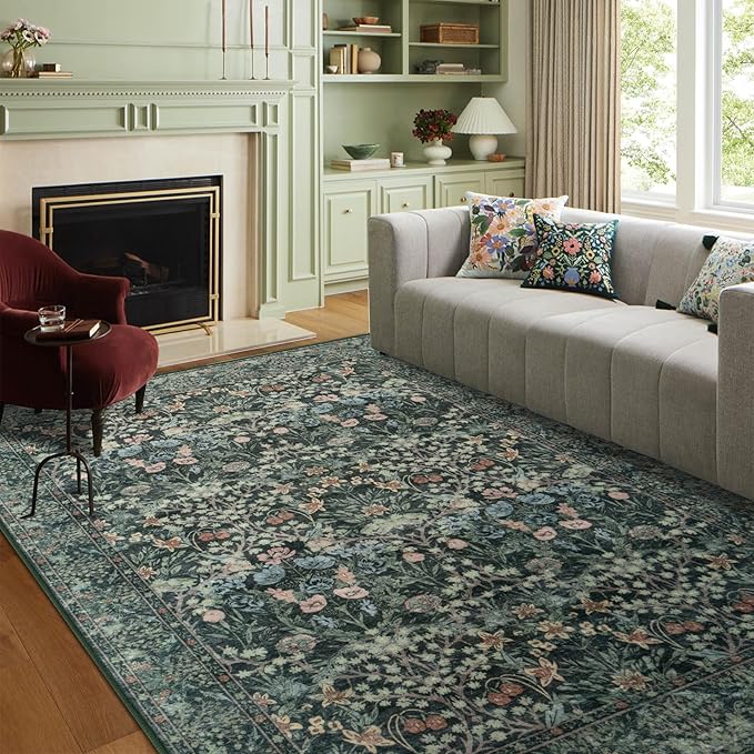 6x9 Green Floral Living Room Rug: Vintage Washable Rug Floral Soft Carpet Indoor Floor Non-Slip Boho Stain Resistant Large Carpets for Bedroom Kids Nursery Dining Room Farmhouse Home Office