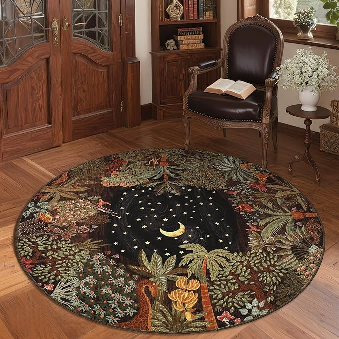 GarveeHome Round Area Rugs 4ft for Kids Room, Brown Jungle Washable Circle Rug Soft Non Slip Forest Animal Print Floor Mat Tiger Carpet Indoor Thin Tent Rug for Bedroom Dining Room Playroom Nursery