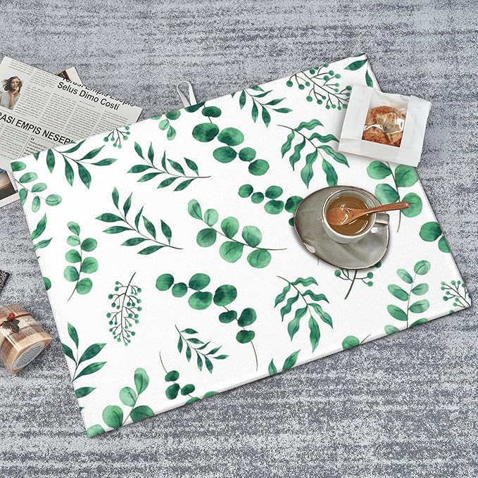 Watercolor Plant Green Leaves Dish Drying Mat for Kitchen Counter, 18"x24" Microfiber Absorbent Fast Dry Mat, 2Pcs Dish Mat Faucet Mats Sets, Large Drying Kitchen Mat Kitchen Drying Pad