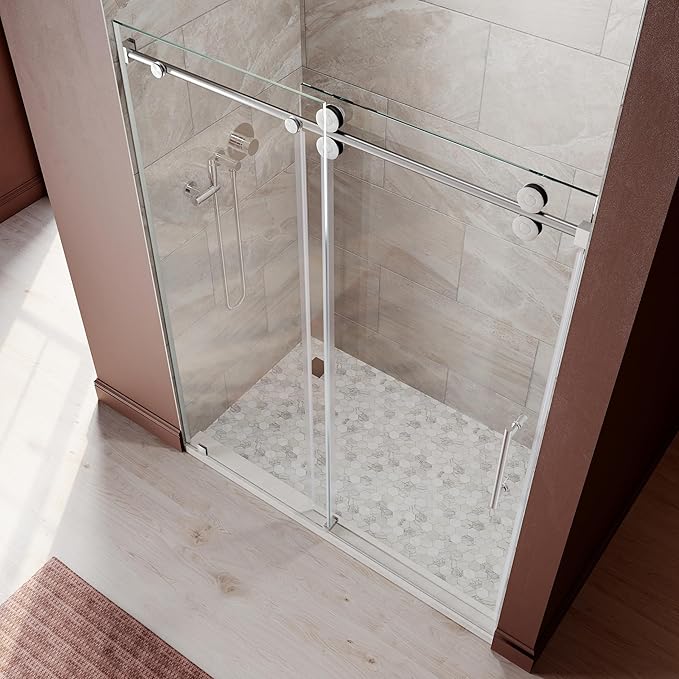 61-65 Inch x 76 Inch Sliding Frameless Shower Door, 3/8" Tempered Glass with Easy-Cleaning Coating, Stainless Steel Rollers & SGCC-Certified Stability, Brushed Nickel