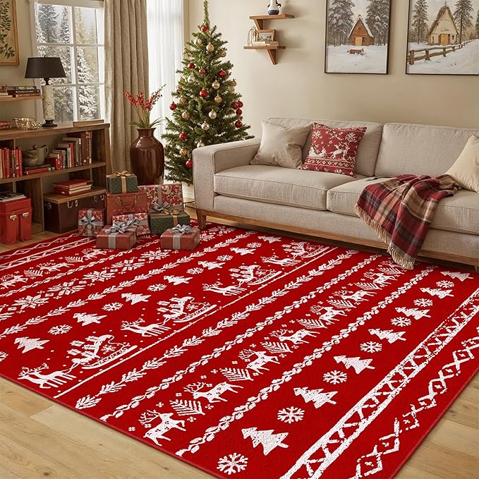 Christmas Area Rug 5x7 Red Kitchen Washable Carpet Xmas Snowflake Holiday Decor Indoor Throw Rug Living Room Soft Low Pile Carpet Non Slip Bedroom Dining Room Office Nursery Bathroom