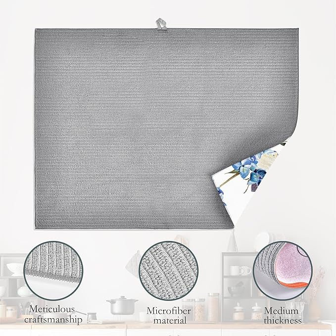 Blue Hydrangea Flowers Dish Drying Mat,Bird Drying Rack Pad Countertop Dishes Ultra Absorbent Microfiber Kitchen Counter Mat for Coffee Countertop Decor 18x24 Inch