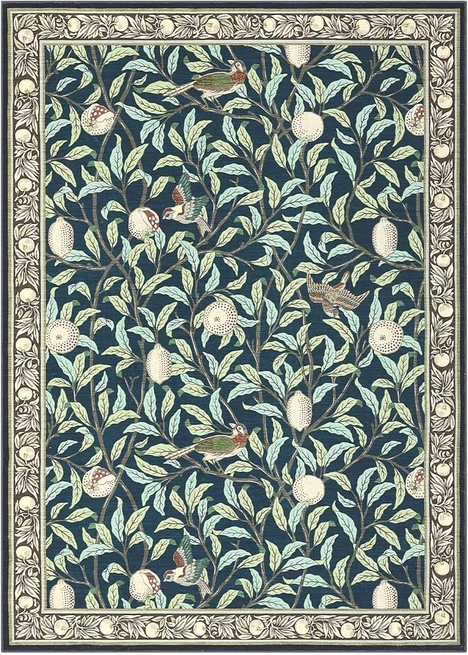 GarveeHome Boho Leaf Rugs for Bedroom, 5x7 Area Rugs for Living Room with Soft Low Pile, Non Slip Botanical Bird 5x7 Washable Rug for Dining Stain Resistant Indoor Navy Blue Carpet for Playroom Dorm
