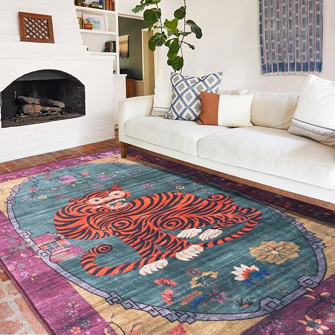 Vintage Green Tiger Rug Washable 6x9 Oriental Traditional Animal Print Purple-Green Floral Tibetan Rugs for Bedroom Kitchen Living Room Indoor Entryway Carpet Thin Rug
