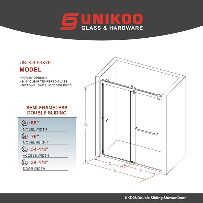 56"-60" W X 76" H Double Sliding Shower Door with Frame - Brushed Nickel Hardware, 8mm Tempered Glass, Stainless Steel Hanger Rollers, Easy-Cleaning Coating, Through-Glass Towel Bar & Knob