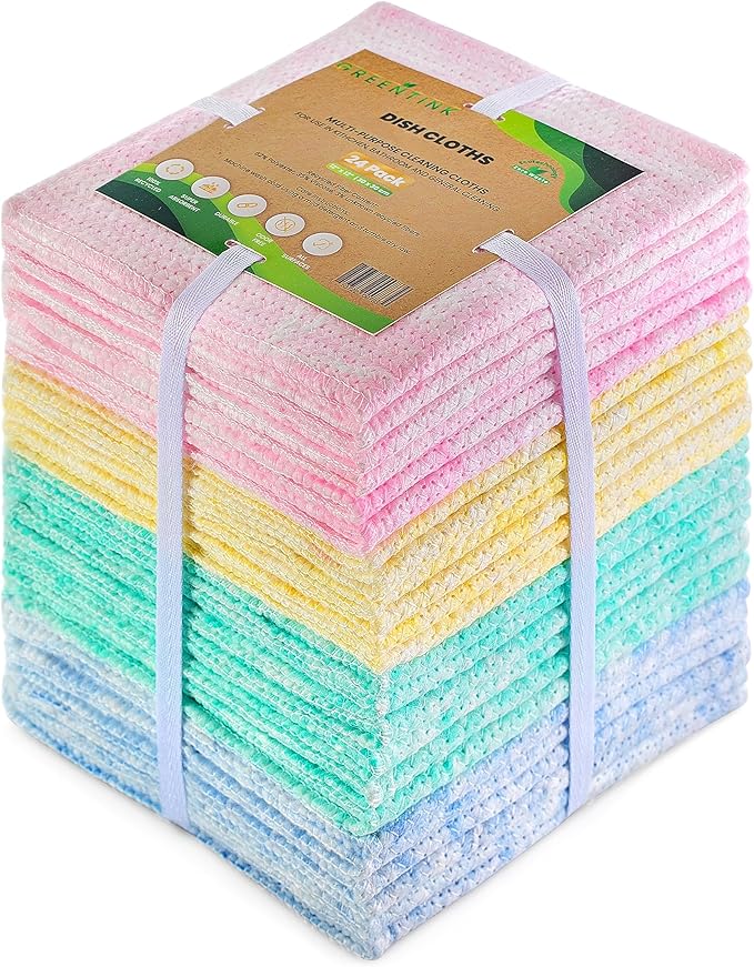 Eco-Friendly Reusable Dish Cloth Set – 24-Pk Multipurpose Kitchen Cleaning Cloth Made from Recycled Materials – Absorbent, Dish Towels & Non-Scratch Cleaning Rags, 12x12 in.