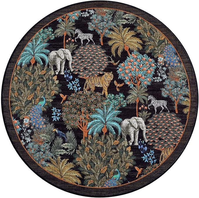 GarveeHome Jungle Round Washable Rugs 6ft Non-Slip Soft Round Rug for Kids Room, Forest Animal Print Tiger Circle Carpet for Bedroom Entryway Playroom Nursery, Black