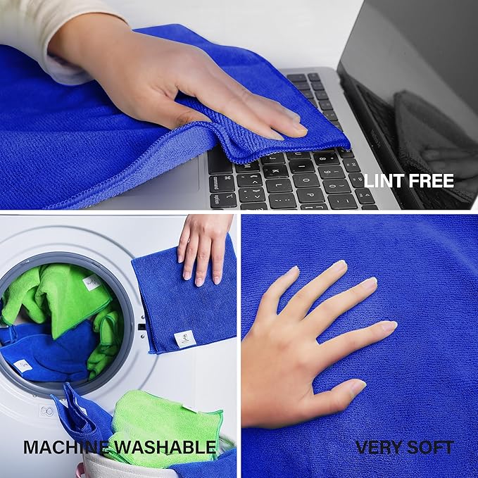 Ninia Blue Microfiber Cloth 12 Pack 35x35 cm, Thick & Absorbent Reusable Towels for Car Detailing Stainless Steel Polishing Electronics Dish Cloths Lint Free Cleaning Rags Glass, Kitchen & House
