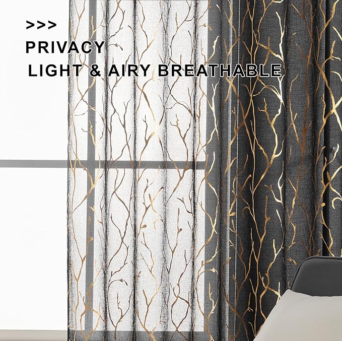 FINECITY Black Gold Sheer Curtains for Bedroom - Metallic Gold Foil Tree Branch Black Sheer Curtains 63 Inch Length Black and Gold Window Curtain Panel Set of 2, 52 x 63 Inch, Black Gold