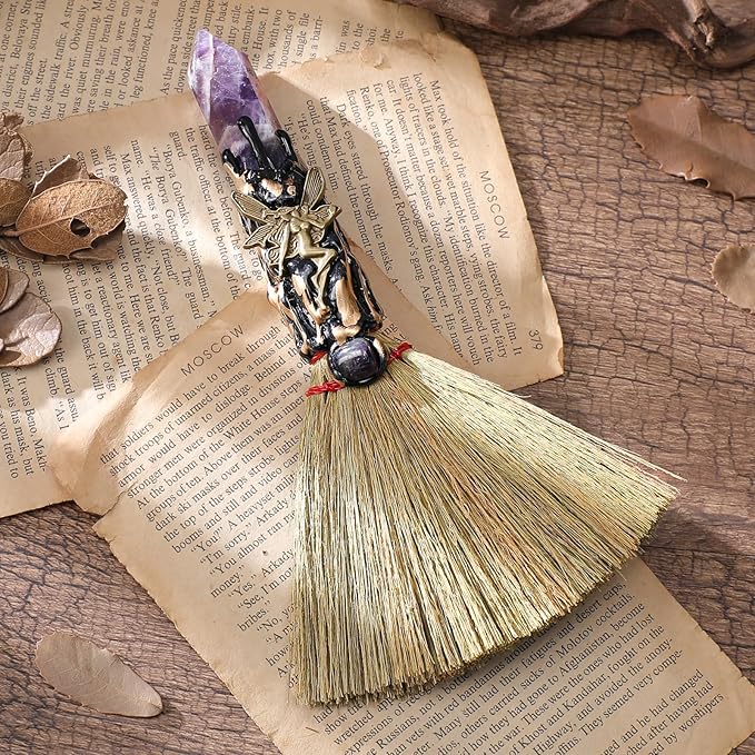 Crystal Witch Altar Broom - Witchcraft Supplies with Amethyst Wiccan Stuff Broomstick with Natural Healing Crystals Hexagonal Points Pagan Fengshui Reiki Energy Clearing Gift