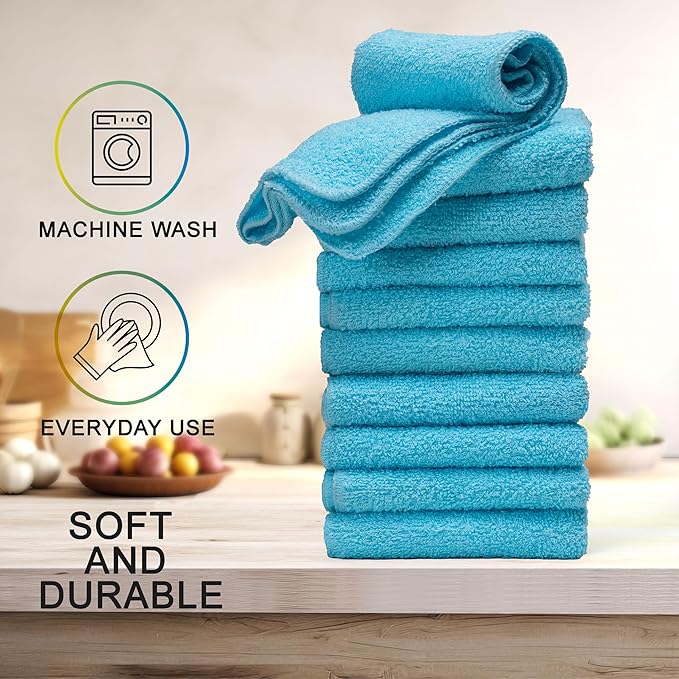 Textila Terry Wash Cloths – Pack of 10, Aqua Blue, 12x12 Inches – Soft, Absorbent & Multipurpose Cotton Washcloths for Face, Hand, Bath, Kitchen, Spa, Gym & Hotel Use
