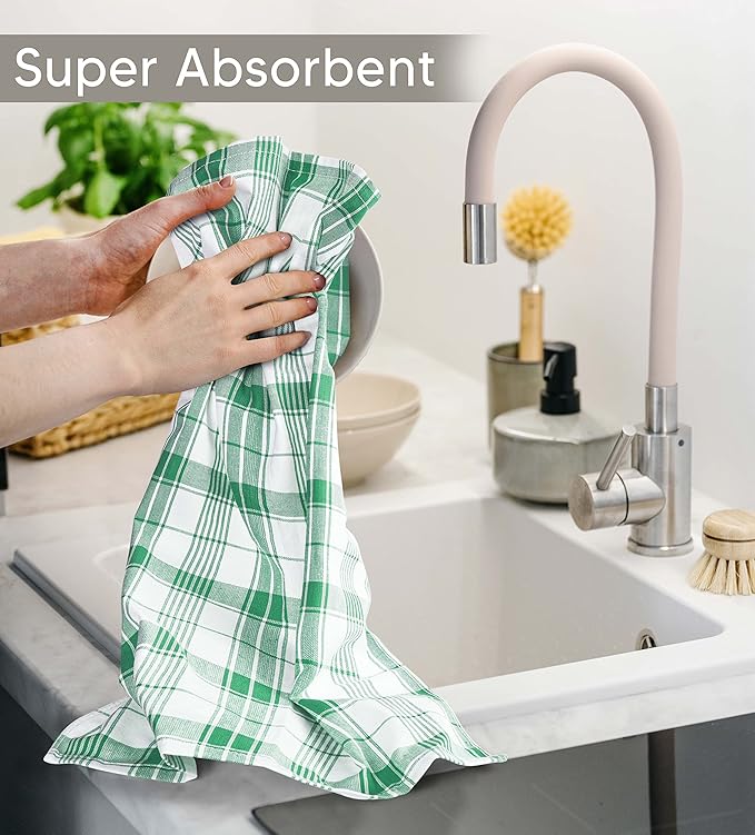 Utopia Towels Green & White Dish Towels [12 Pack - 15 x 25 Inches] 100% Ring Spun Cotton Highly Absorbent & Reusable Cleaning Bar, Tea, Kitchen and Dishcloths Set - 200 GSM