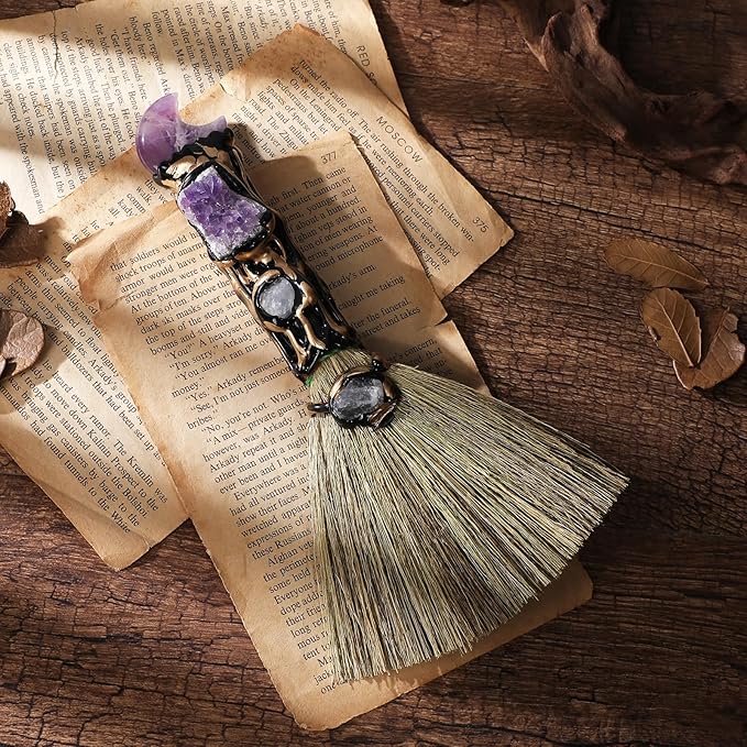 Crystal Witch Altar Broom - Witchcraft Supplies with Moon Design Amethyst Wiccan Stuff Magic Broomstick with Natural Healing Crystals Pagan Fengshui Reiki Energy Clearing Gift