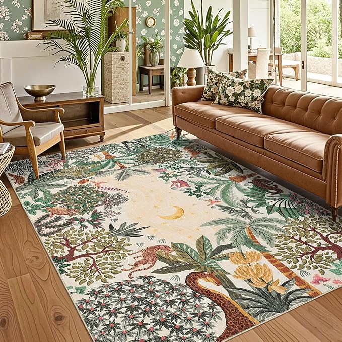 GarveeHome Area Rugs 8x10 for Living Room, Jungle Animal Large Washable Rug Soft Non Slip Backing Floor Mat Carpet Indoor Thin Accent Rug for Bedroom Dining Room Playroom Nursery Home Decor