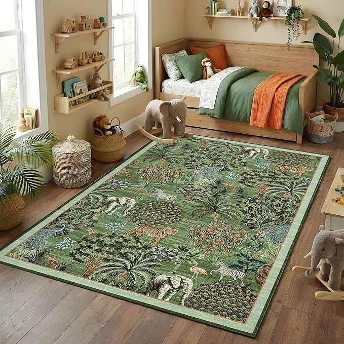 GarveeHome Jungle Animal Print Rug 3x5 Washable Area Rugs for Living Room, Forest Rug Non Slip Soft Low Pile Stain Resistance Throw Carpet for Bedroom Kids Playroom Nursery, Forest Green