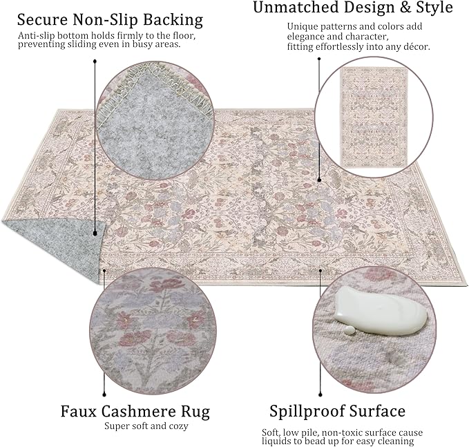 8x10 Washable Area Rug for Living Room, Large Beige Floral Rugs, Soft Non-Slip Stain Resistant Boho Lightweight Carpet for Bedroom Dining Room Nursery Home Office