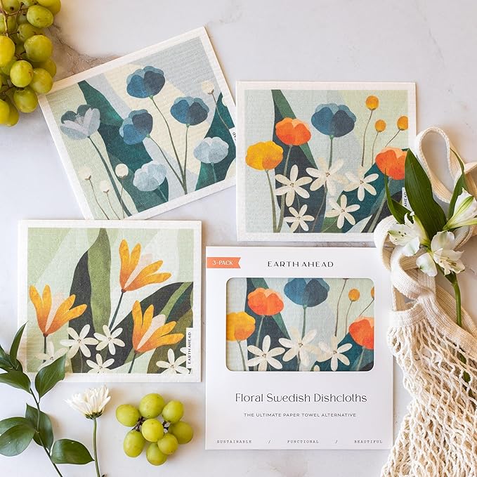 Swedish Dishcloths – Classic Botanical Floral Designs – Reusable Compostable Cellulose Sponge Cloth – Eco-Friendly Paper Towel Alternative 3 Pack
