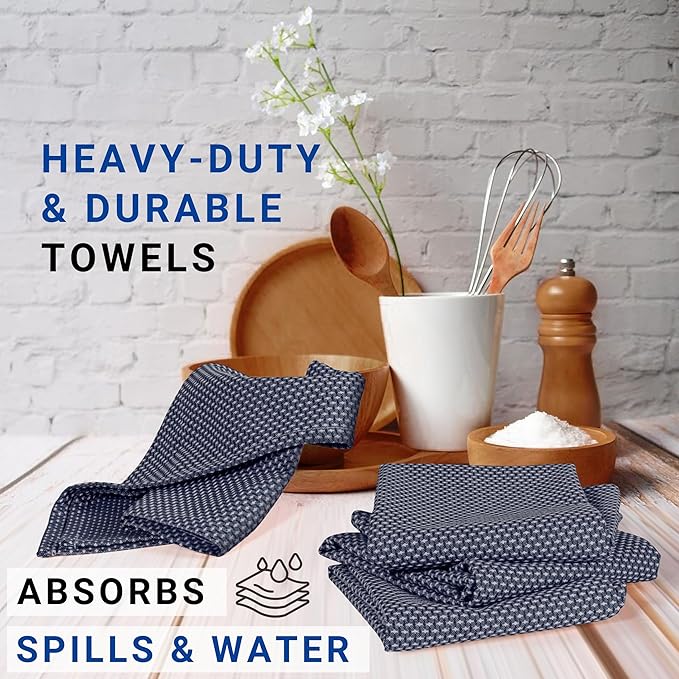 TWINY Threads 4 Pack Kitchen Towels, 100% Cotton, 18x28 Inches, Highly Absorbent & Soft, Quick-Dry Dish Towel Set with Hanging Loop, Washcloth for Cleaning, Washable for Everyday Use - Navy Blue