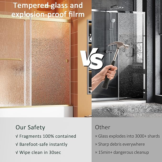 Bathtub Sliding Door 60" W x 56" H, Tub Shower Door, Frameless Bypass Double Sliding Door Tempered Rain Glass with Explosion-Proof Film Brushed Gold