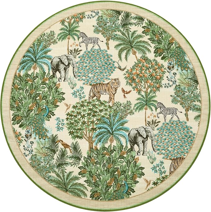 GarveeHome Jungle Round Washable Rugs 4ft Non-Slip Soft Round Rug for Kids Room, Forest Animal Print Tiger Circle Carpet for Bedroom Entryway Playroom Nursery, Beige