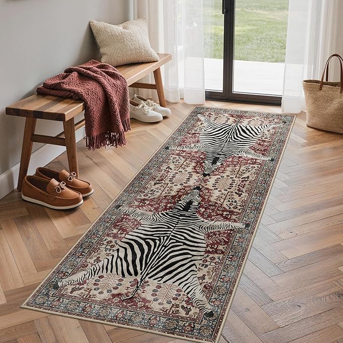 Bavni 2x6 Zebra Rug, Machine Washable Soft Animal Print Runner Rug Non Slip Boho Low Pile Non-Shedding Hallway Print Carpet for Kitchen Entryway Nursery Bedroom,Red