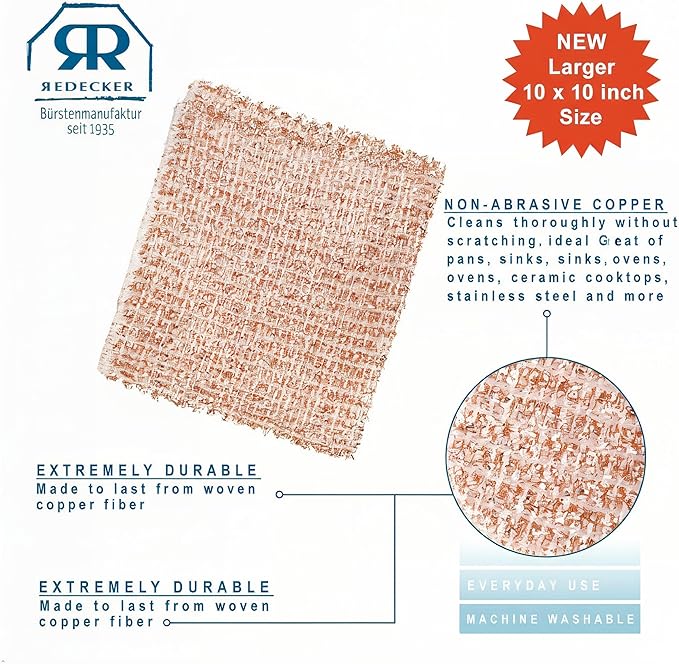 Redecker XL Copper Scrubbing Cloths – 2-Ply Woven Real Copper Cleaning Pads, 10 x 10 inches, Reusable, Non-Scratch, Machine Washable – Durable Scrubbers for Pots, Pans, Sinks & Glass – Set of 2