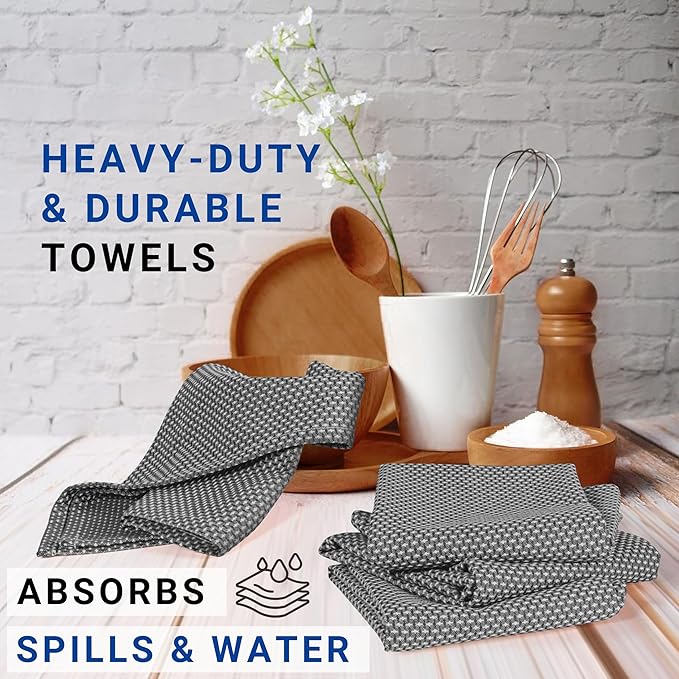 TWINY threads Dotted Weave Kitchen Towels Set of 6, 18x28 Inch, Soft & Absorbent Wash Cloths with Hanging Loop, Washable and Reusable Dishcloths for Cooking, Cleaning, Hand Towel - Grey