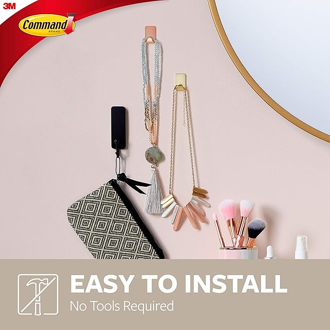 Command Small Metallic Wall Hooks, Total 16 Hooks with 20 Strips (8-Pack of 4 Hooks), Holds up to 0.5 lb, Brass Color, Removable Self Adhesive Hooks, Great for Wall Décor