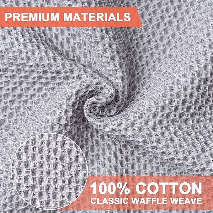BOOMIBOO 4-Pack Dish Towels, 100% Cotton Waffle Weave, Ultra Soft Absorbent, Quick Drying, Light Grey, 13x28 Inches