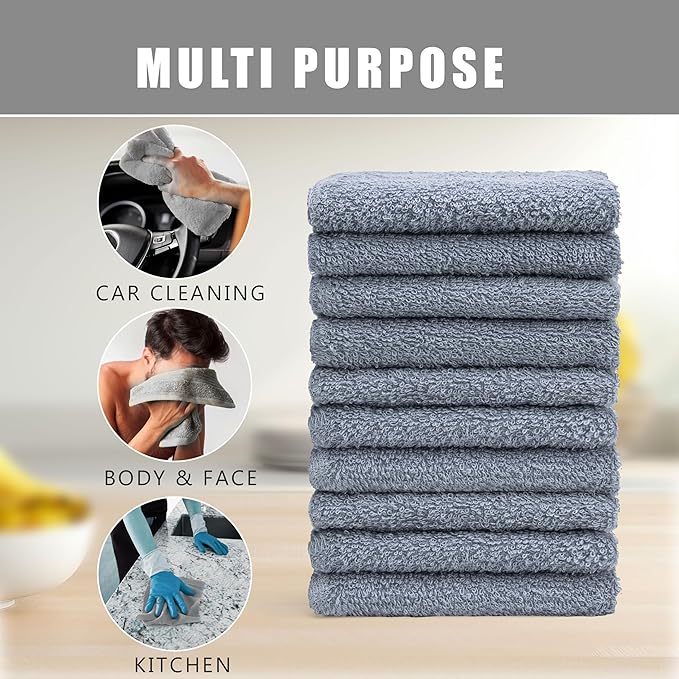 Textila Terry Wash Cloths – Pack of 10, Cool Grey, 12x12 Inches – Soft, Absorbent & Multipurpose Cotton Washcloths for Face, Hand, Bath, Kitchen, Spa, Gym & Hotel Use