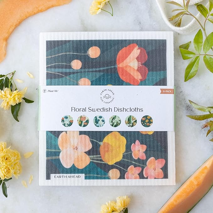 Swedish Dishcloths – Floral Designs Gift Set – Reusable Compostable Cellulose Sponge Cloth – Eco-Friendly Paper Towel Alternative 6 Pack