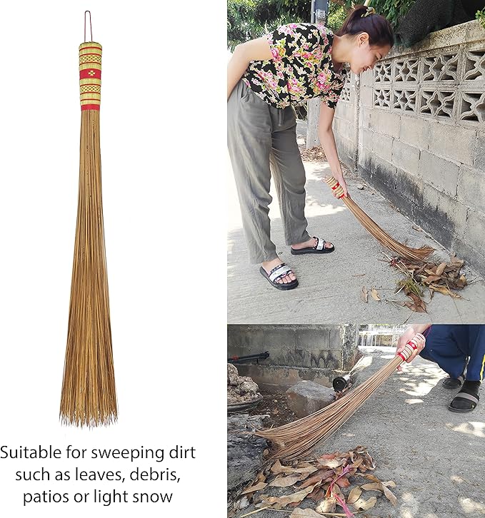 32 inch Multi-Surface Sturdy Outdoor Authentic Coconut Leaf Broom Asian Heavy Duty Broom Thai Natural Coconut Leaf Broom (Country Rustic) (1 Piece)