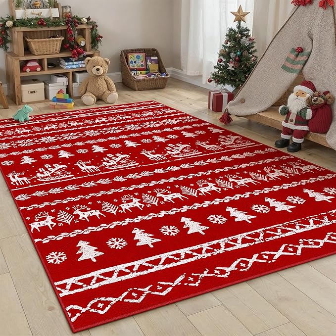 Christmas Area Rug 3x5 Red Office Washable Carpet Xmas Snowflake Holiday Decor Doormat Entryway Soft Low Pile Non Slip Indoor Throw Rug Kitchen Living Room Bedroom Entrance Dining Room