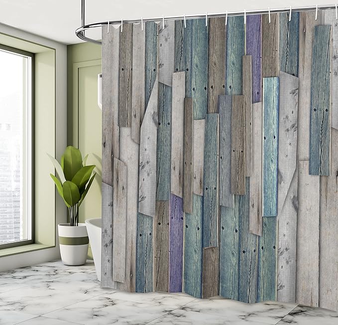 Ambesonne Rustic Shower Curtain, Vintage Wood Barn House Door Nail Country Themed Art, Cloth Fabric for Bathroom Farmhouse Bathroom Decor Essentials Set with Hooks, 69" W x 70" L, Umber Pale Teal Plum