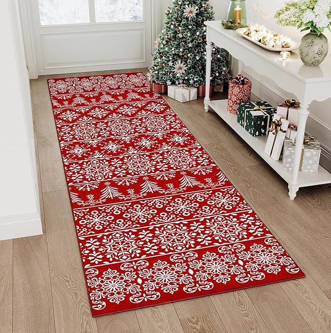 2x8 Runner Rug Red Snowflake Washable Hallway Carpet Xmas Holiday Decor Bedroom Carpet Non Slip Kitchen Mat Indoor Accent Rug Decorative Dining Room Laundry Room Living Room