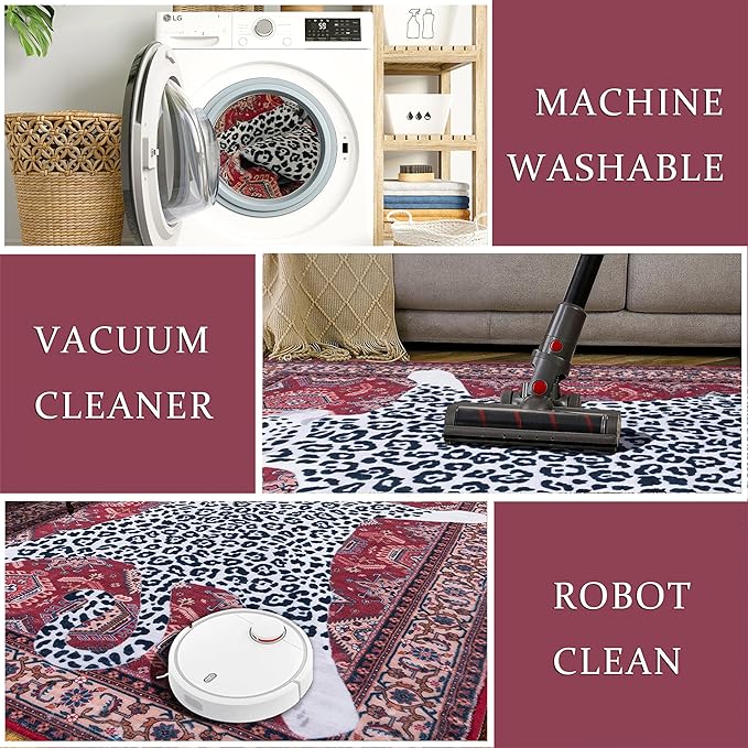 Oriental Leopard Rug 8x10 ft Washable Traditional Red Persian Rug for Bedroom Living Room, Dining Room Under Kitchen Table, Soft Non Slip Thin Rug Carpet (Red Leopard, 10X8 FT)