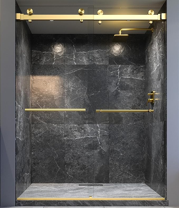 VITRA-200 56.5-59" W x 78" H Frameless Shower Door, Double Sliding with 3/8" Clear Tempered Glass (Satin Brass - Double Towel Bars)