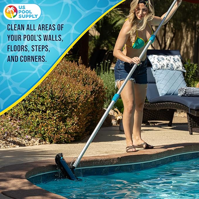 U.S. Pool Supply Pool Brush Head for Inground Pools - Heavy-Duty 18" Swimming Pool Brush with Pole Handle, 270° Bristle Scrub Brushes, Above Ground Cleaning Equipment Scrubber Cleaner Leaves Debris