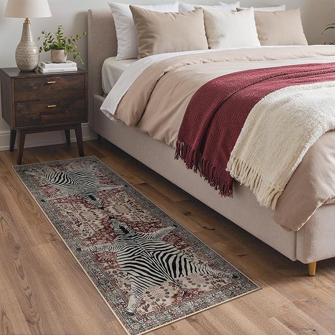 Bavni 2x6 Zebra Rug, Machine Washable Soft Animal Print Runner Rug Non Slip Boho Low Pile Non-Shedding Hallway Print Carpet for Kitchen Entryway Nursery Bedroom,Red